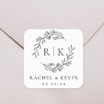 Elegant Wreath Wedding Initial Monogram Square Sticker<br><div class="desc">Custom-designed wedding stickers and labels featuring elegant foliage wreath with couple's initial,  name,  and wedding date. Perfect for wedding invitation envelops,  gifts,  and more.</div>