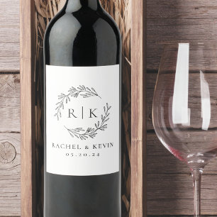 Elegant Wreath Wedding Initial Monogram Wine Label
