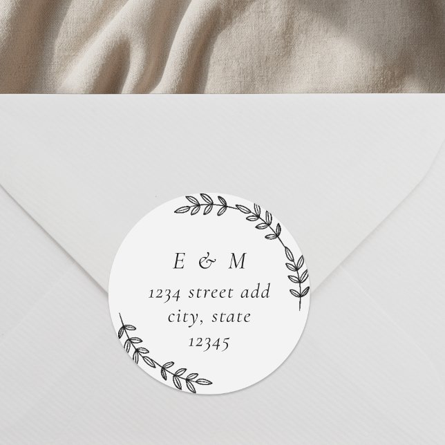 Elegant Wreath Wedding Monogram Return Address Classic Round Sticker (Creator Uploaded)