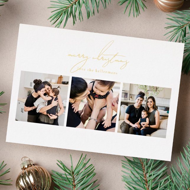 Elegant Written MERRY CHRISTMAS 3 Photo Collage Foil Holiday Card (Creator Uploaded)