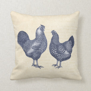 Elegant Wyandotte Chickens Blue Vintage Rooster Cushion