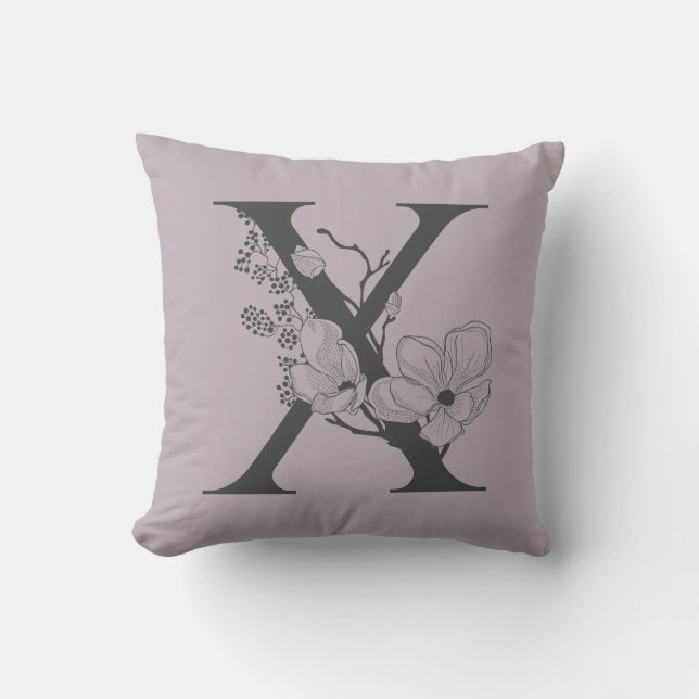 Elegant X Boho Floral Monogram Initial Lilac Grey Cushion (Front)