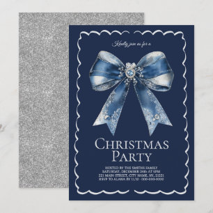 Elegant XL Bow Blue Silver Glitter Christmas Party Invitation