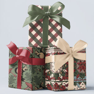 Elegant Xmas Forest Animals Patchwork Wrapping Paper Sheet