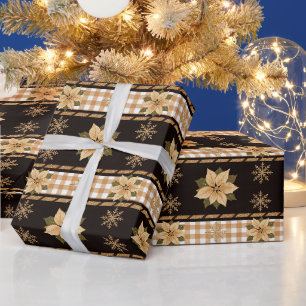 Elegant Xmas Gold Poinsettia Plaid Black TMF26 Wrapping Paper