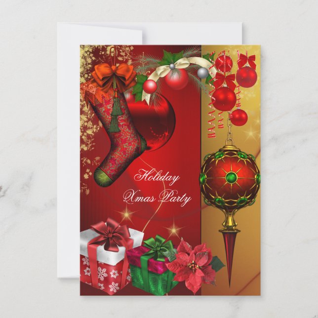 Elegant Xmas Holiday Party Red Gold Gifts Balls Invitation (Front)