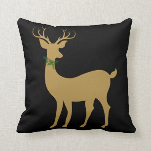 Elegant Xmas Reindeer w Holly Gold on Black Pillow