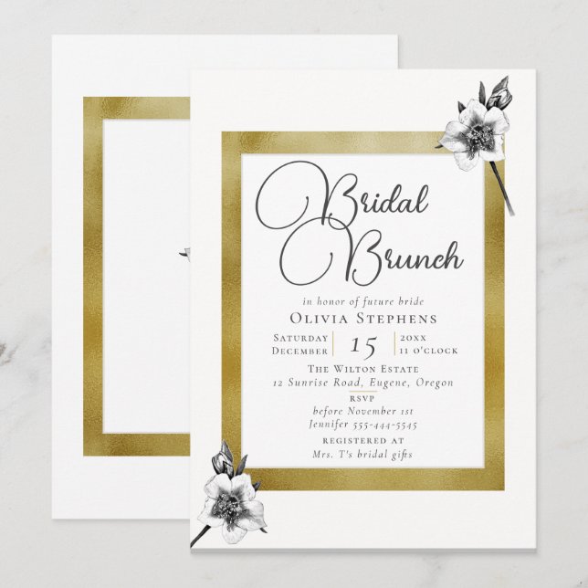 Elegant Xmas Roses Gold Christmas Bridal Brunch Invitation (Front/Back)