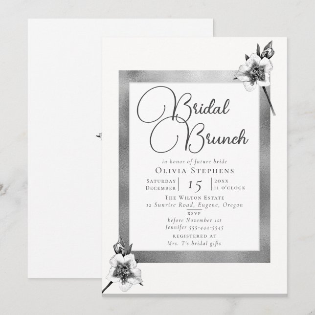 Elegant Xmas Roses Silver Christmas Bridal Brunch Invitation (Front/Back)