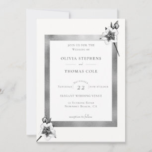 Elegant Xmas Roses White Gold Christmas Wedding Invitation