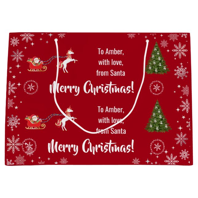 Elegant Xmas Santa's Sleigh Unicorn Personalise Large Gift Bag (Front)