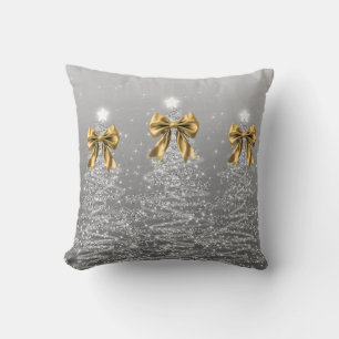 Elegant Xmas Sparkling Trees Silver Faux Gold Bow Cushion