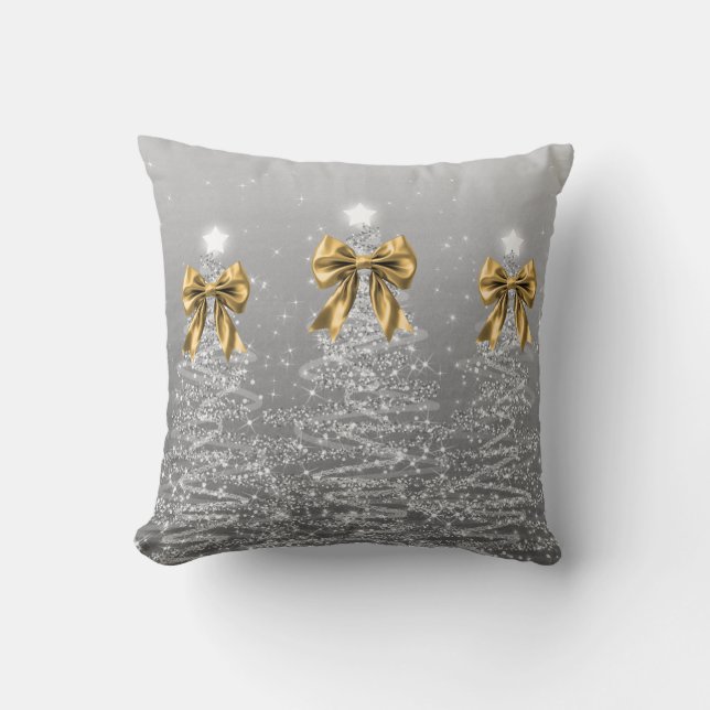 Elegant Xmas Sparkling Trees Silver Faux Gold Bow Cushion (Front)
