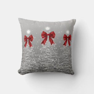 Elegant Xmas Sparkling Trees Silver Faux Red Bow Cushion
