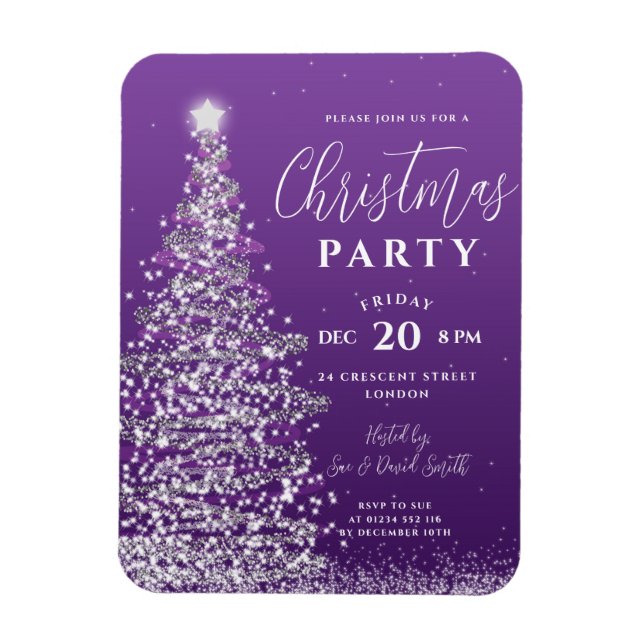 Elegant Xmas Tree Silver Purple Holiday Invite Magnet (Vertical)