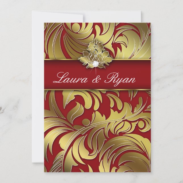 Elegant Xmas Wedding Diamond Leaf Swirl Gold Red 2 Invitation (Front)