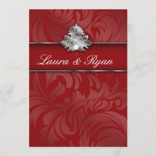 Elegant Xmas Wedding Diamond Leaf Swirl Silver Red Invitation