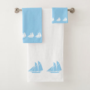 Elegant Yachts on Light Blue and White Bath Towel Set