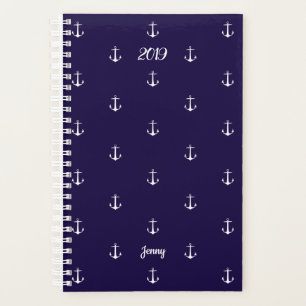 Elegant Year Nautical Anchor Custom Name Navy Blue Planner