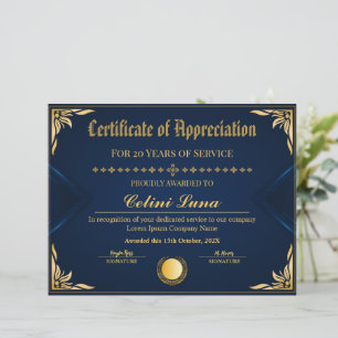 Elegant Years of Service Certificate - Royal Blue 