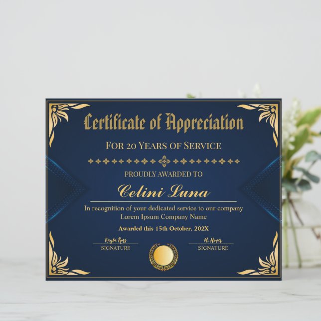 Elegant Years of Service Certificate - Royal Blue  (Standing Front)