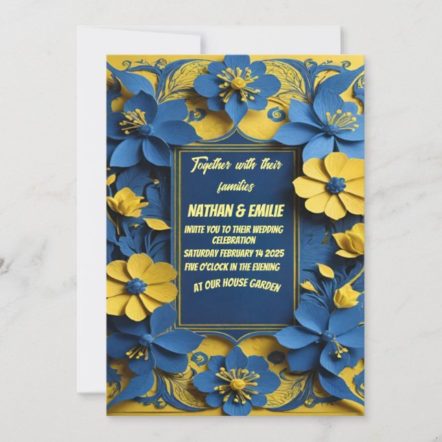 Elegant yellow and blue wedding invitation  (Front)