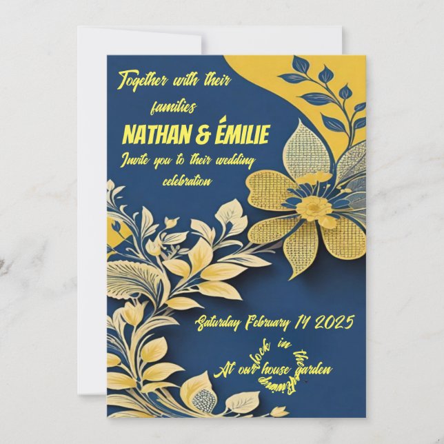 Elegant yellow and blue wedding invitation (Front)
