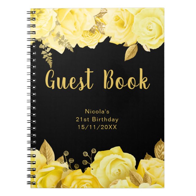 Elegant Yellow and Gold Flower Birthday Guest Book (Front)