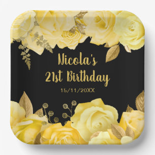 Elegant Yellow and Gold Flowers Birthday Party Paper Plate