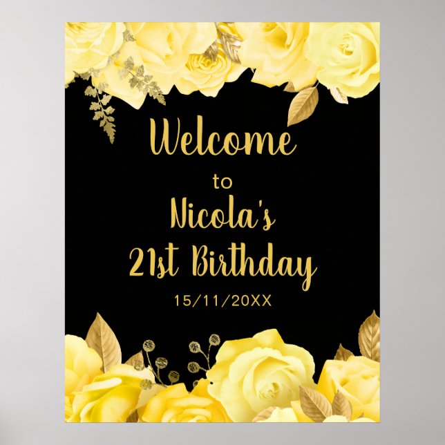 Elegant Yellow and Gold Flowers Birthday Party Poster (Front)