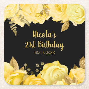 Elegant Yellow and Gold Flowers Birthday Party Square Paper Coaster