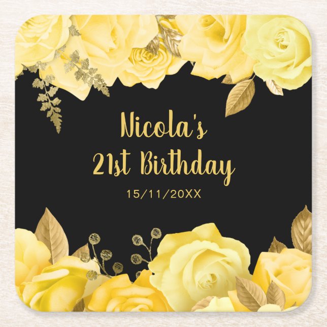 Elegant Yellow and Gold Flowers Birthday Party Square Paper Coaster (Front)