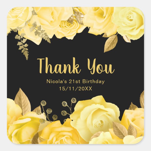Elegant Yellow and Gold Flowers Birthday Party Square Sticker (Front)