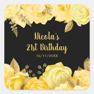 Elegant Yellow and Gold Flowers Birthday Party Square Sticker