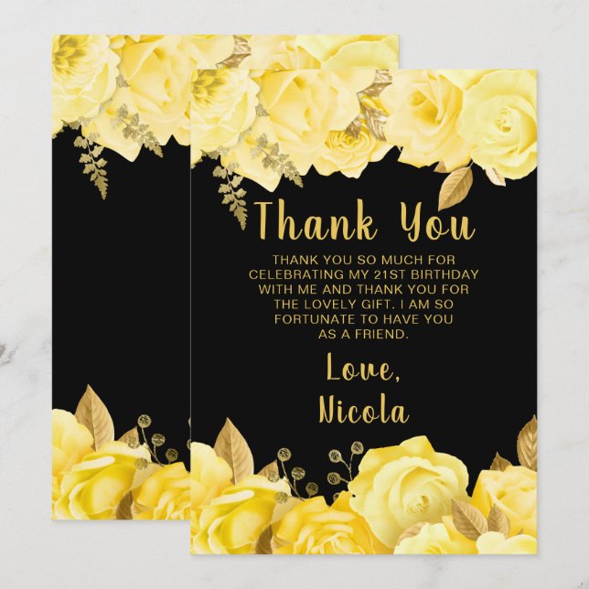 Elegant Yellow and Gold Flowers Birthday Party Thank You Card (Front/Back)