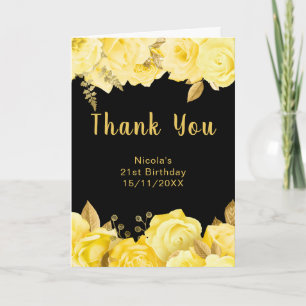 Elegant Yellow and Gold Flowers Birthday Party Thank You Card