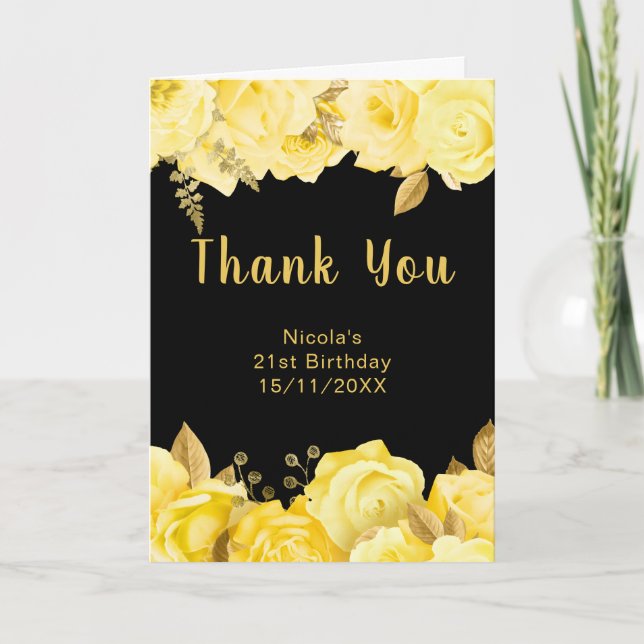Elegant Yellow and Gold Flowers Birthday Party Thank You Card (Front)