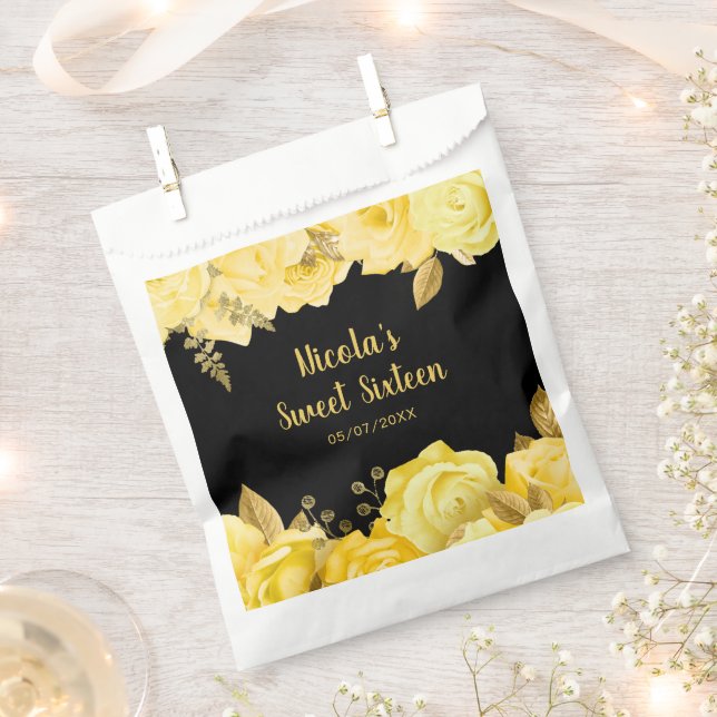Elegant Yellow and Gold Flowers Sweet Sixteen Favour Bags (Clipped)