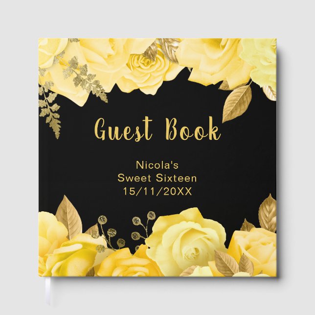 Elegant Yellow and Gold Flowers Sweet Sixteen Guest Book (Front)