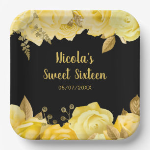 Elegant Yellow and Gold Flowers Sweet Sixteen Paper Plate