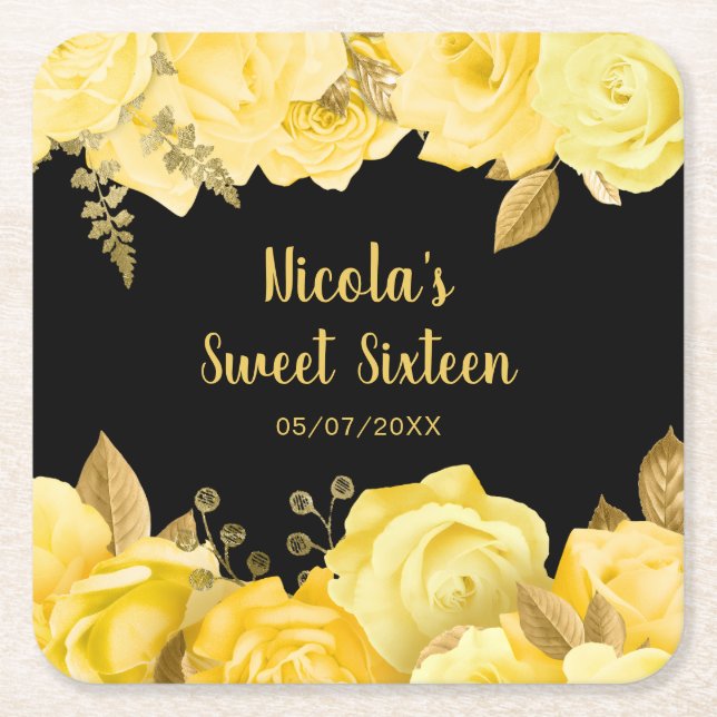 Elegant Yellow and Gold Flowers Sweet Sixteen Square Paper Coaster (Front)