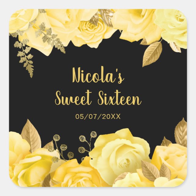 Elegant Yellow and Gold Flowers Sweet Sixteen Square Sticker (Front)