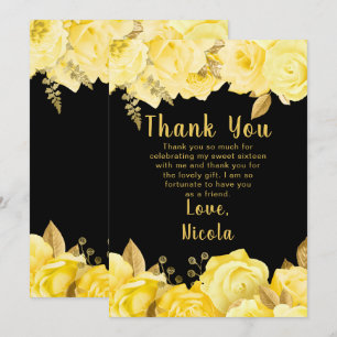 Elegant Yellow and Gold Flowers Sweet Sixteen Thank You Card