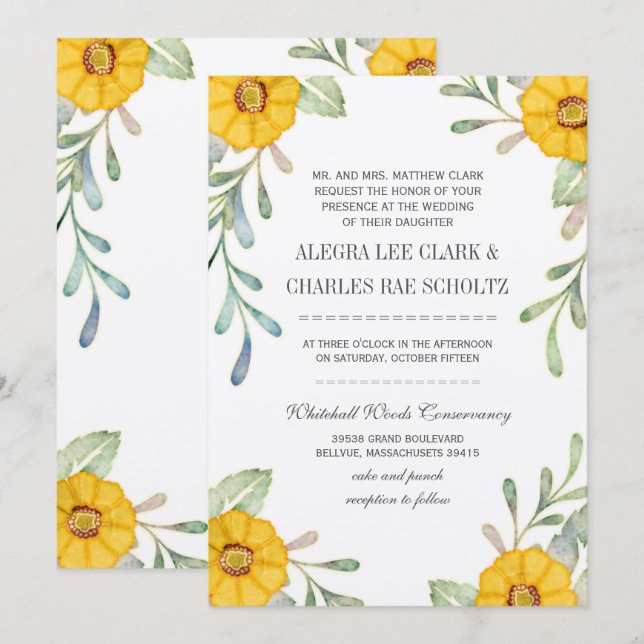 Elegant Yellow and Green Floral Watercolor Wedding Invitation (Front/Back)