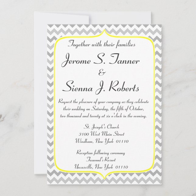 Elegant Yellow and Grey Chevron Wedding Invitation (Front)