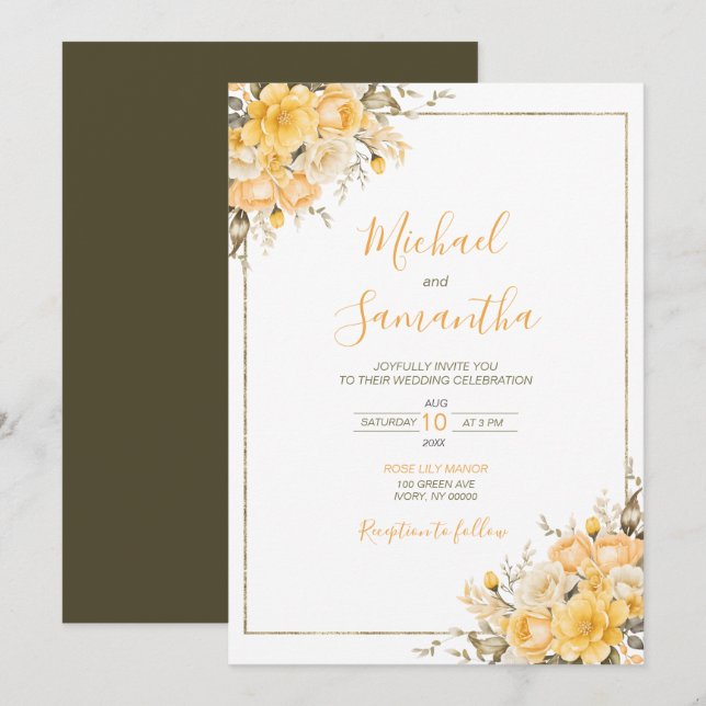 Elegant Yellow and Ivory Rose Wedding Invitation (Front/Back)