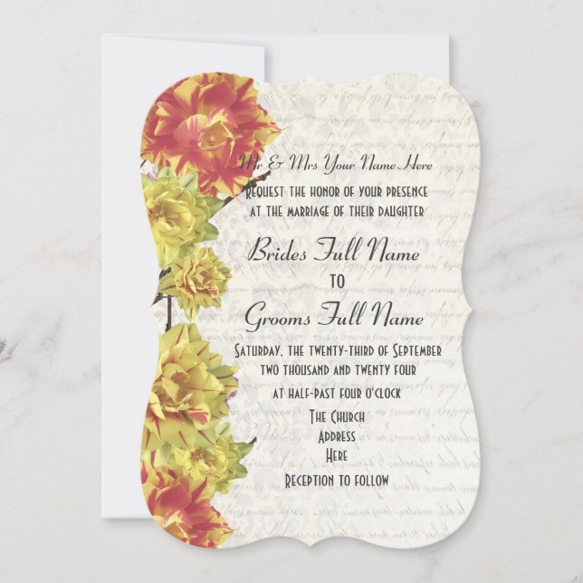 Elegant yellow and orange country floral wedding invitation (Front)