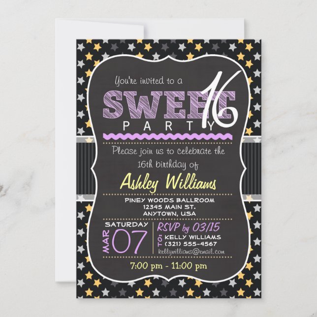 Elegant Yellow and Purple Stars Sweet 16 Party Invitation (Front)
