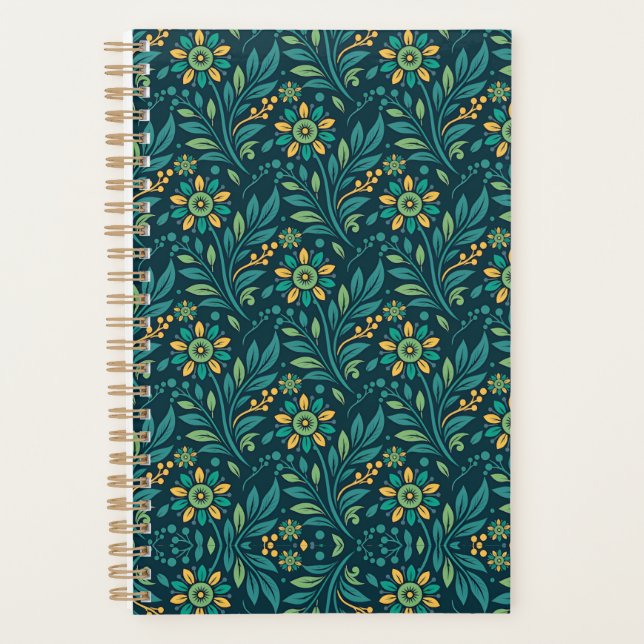 Elegant Yellow and Teal Floral Pattern Design Planner (Front)