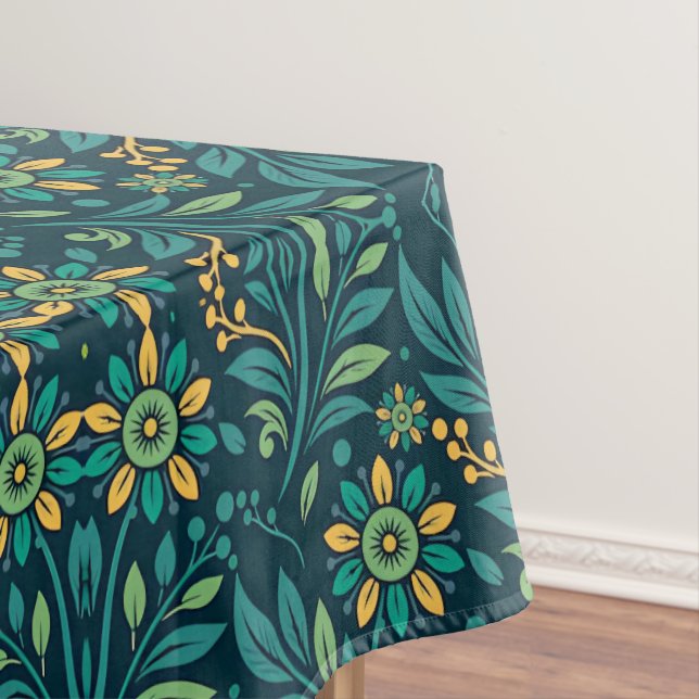 Elegant Yellow and Teal Floral Pattern Design Tablecloth (In Situ)